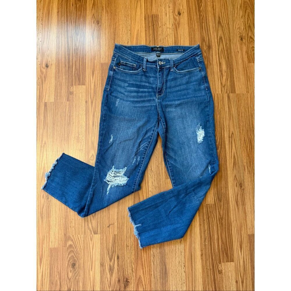 Judy Blue Womens Distressed Raw Hem Slim Fit Jeans Blue Denim Medium Wash Size 9